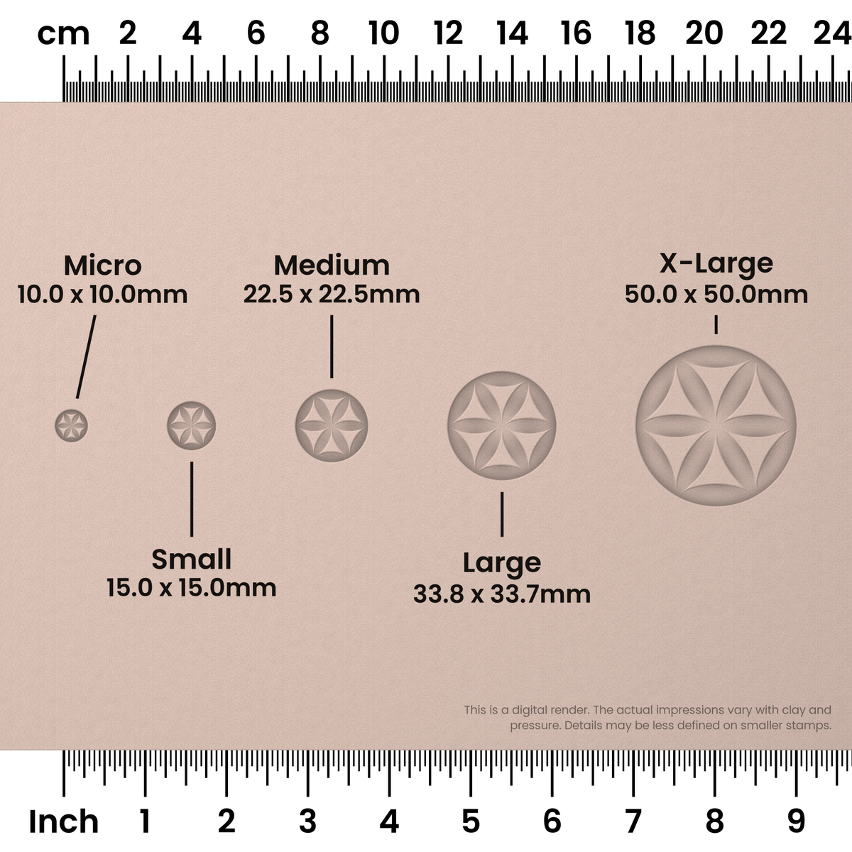 Flower of Life Stamp Set: Circle, 2 Petals Wide - Size Chart - Ceramind® Tools