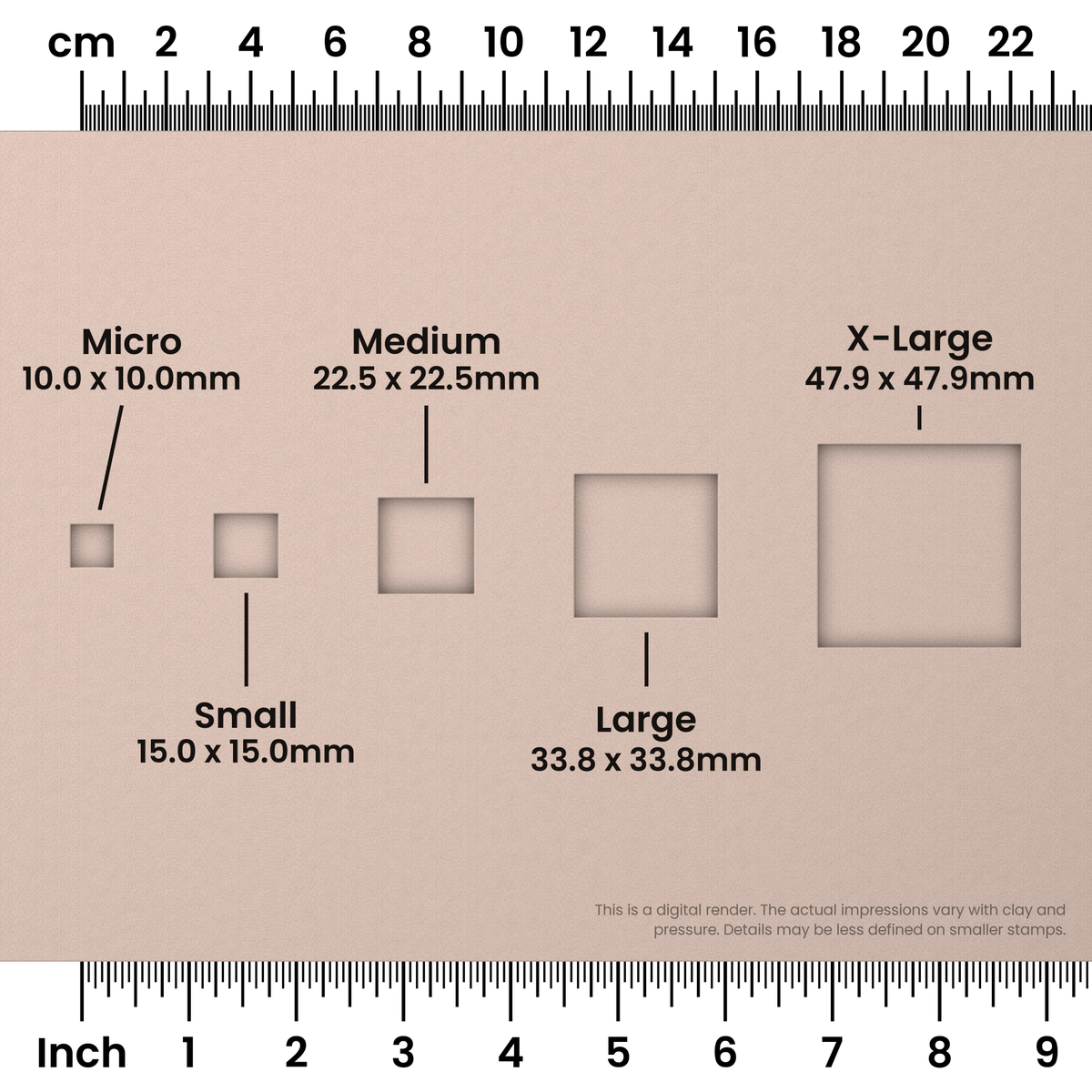 Geometric Stamp Set: One Shape, All 5 Sizes - Square Size Chart - Ceramind® Tools