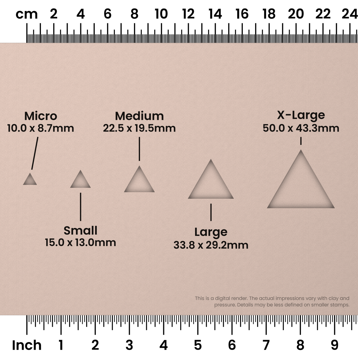 Geometric Stamp Set: All 6 Shapes, One Size - Triangle Size Chart - Ceramind® Tools