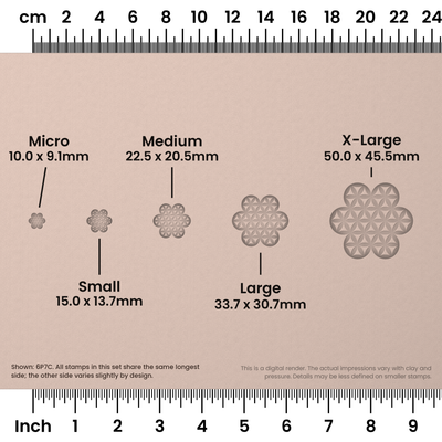 Flower of Life Stamp Set: Trefoil, Star & Circle (2 Petals Wide) - Size Chart - Ceramind® Tools