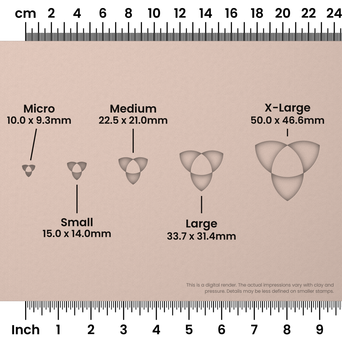 Flower of Life Stamp Set: Trefoil, 2 Petals Wide - Size Chart - Ceramind® Tools