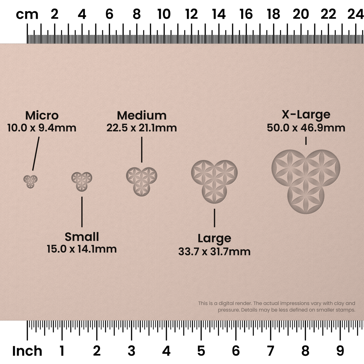 Flower of Life Stamp Set: Four Circle, 3 Petals Wide - Size Chart - Ceramind® Tools