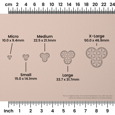 Flower of Life Stamp Set: Four Circle, 3 Petals Wide - Size Chart - Ceramind® Tools