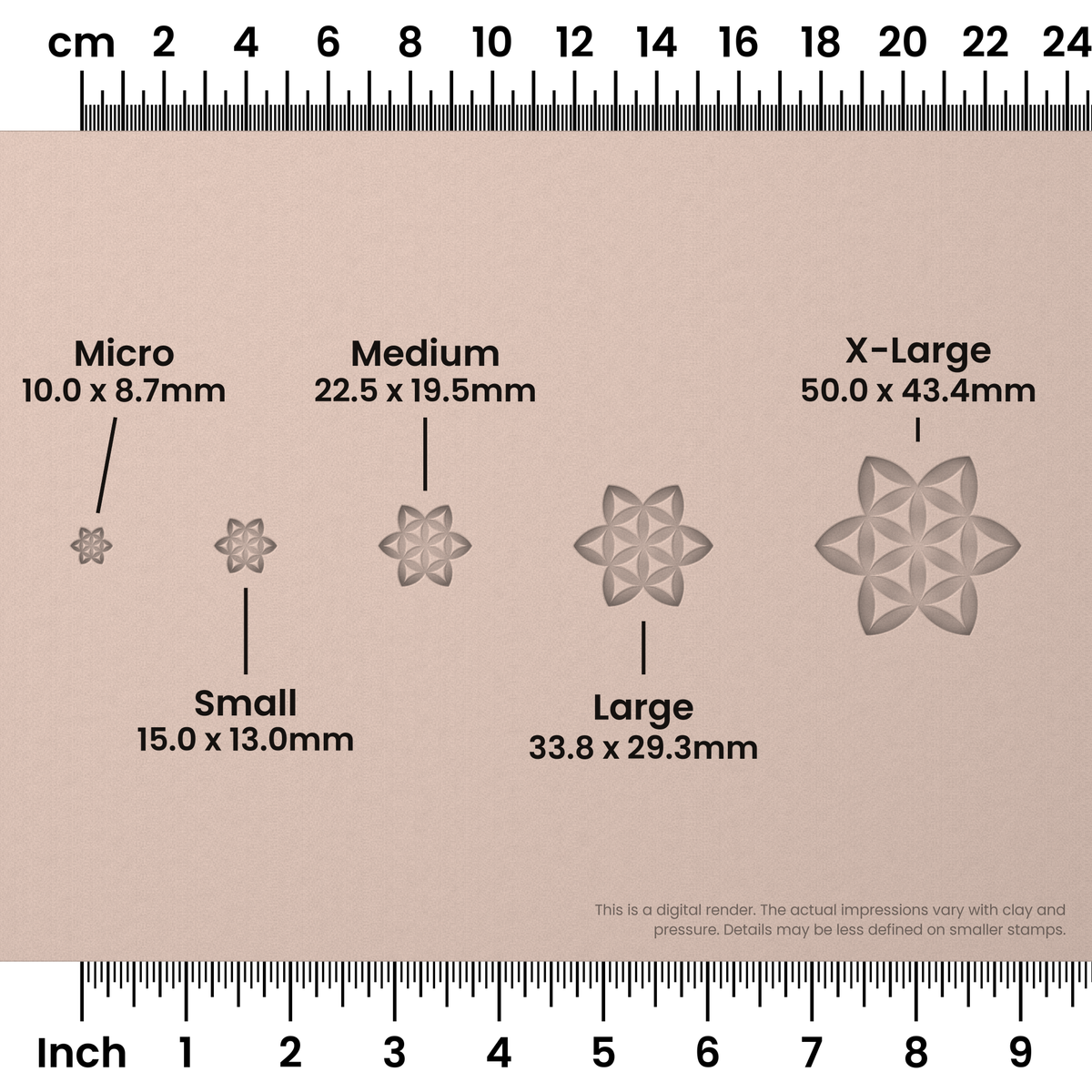 Flower of Life Stamp Set: Star, 3 Petals Wide - Size Chart - Ceramind® Tools