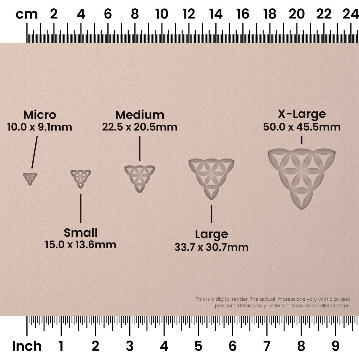 Flower of Life Stamp Set: Trefoil, 3 Petals Wide - Size Chart - Ceramind® Tools