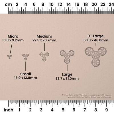Flower of Life Stamp Set: Four Circle, 5 Petals Wide - Size Chart - Ceramind® Tools