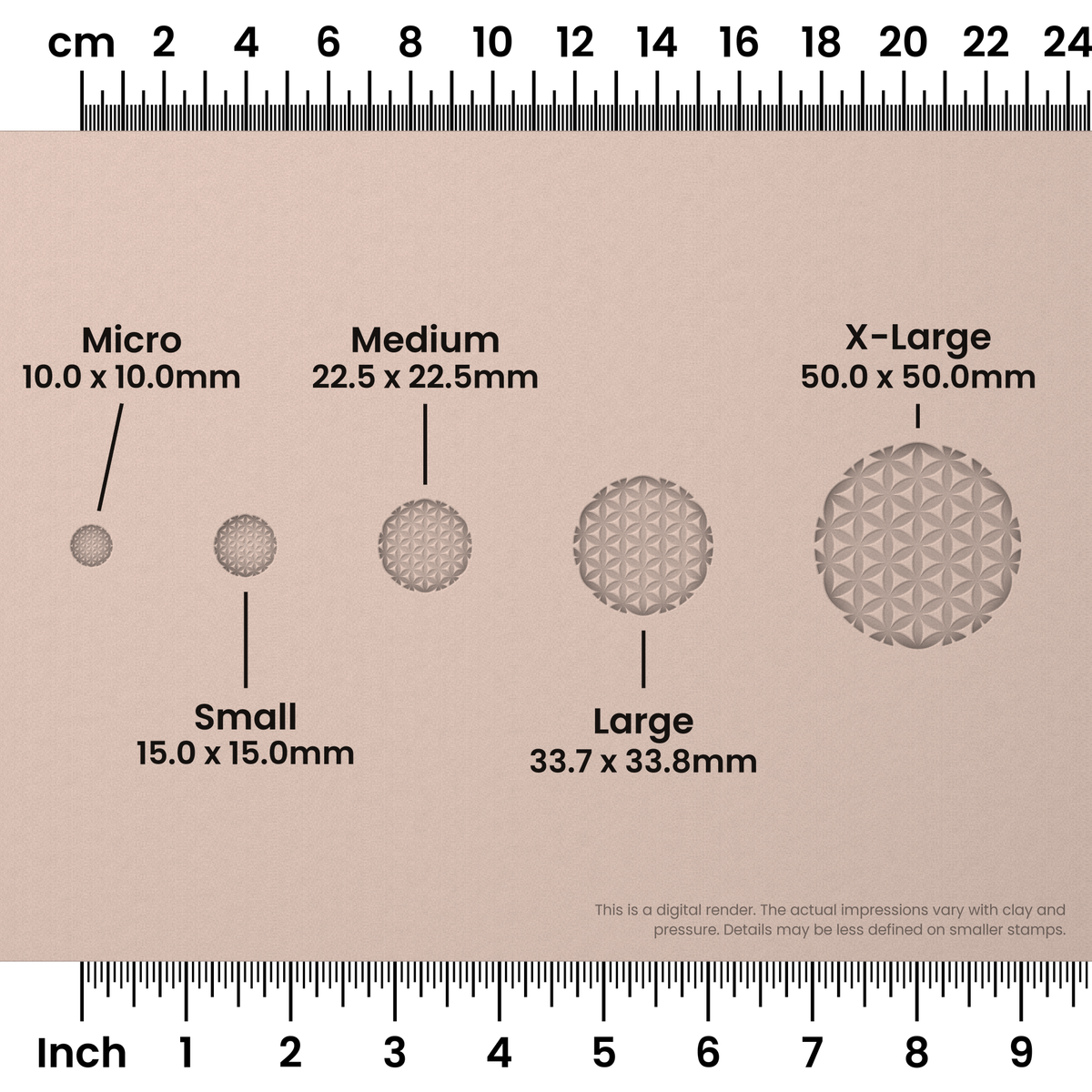 Flower of Life Stamp Set: Circle, 6 Petals Wide - Size Chart - Ceramind® Tools