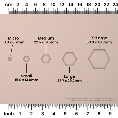 Geometric Stamp Set: One Shape, All 5 Sizes - Hexagon Size Chart - Ceramind® Tools