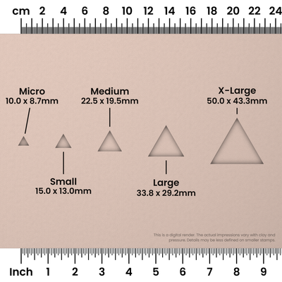 Geometric Stamp Set: All 6 Shapes, One Size - Triangle Size Chart - Ceramind® Tools